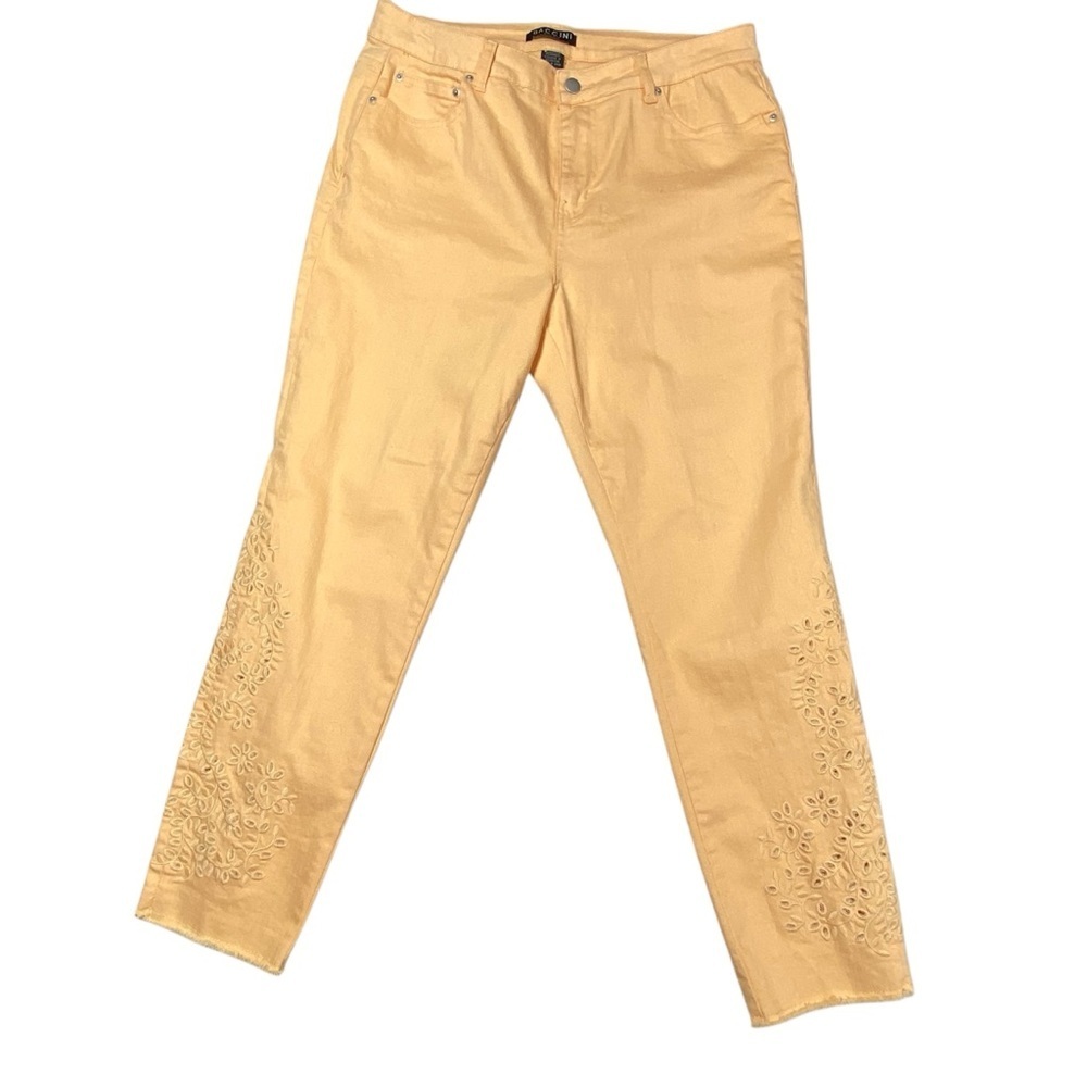 Baccini Cropped Jeans Women's 12 Peach Straight Leg Eyelet Cutout Raw Hem Denim